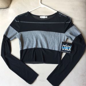 Bear Dance gray and black mesh cropped long sleeve